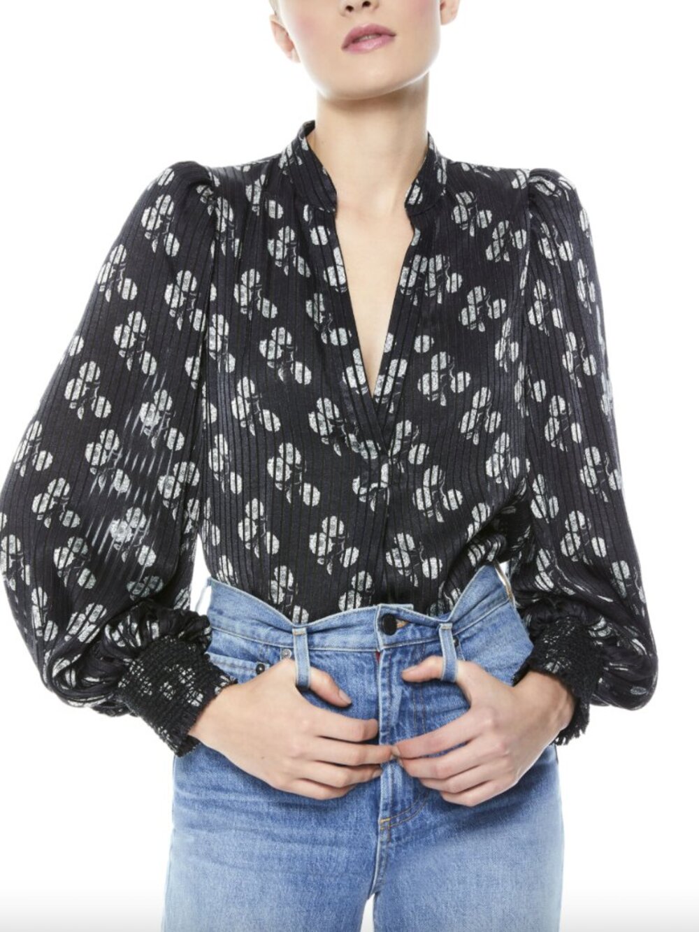 $350 alice + olivia Black Floral Sheila Stripe Blouse Henley Polo Shirt sz Small